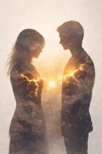 Illustration symbolique représentant la guérison des blessures dans un lien d’âme, avec deux silhouettes reliées par une lumière dorée au niveau du cœur.