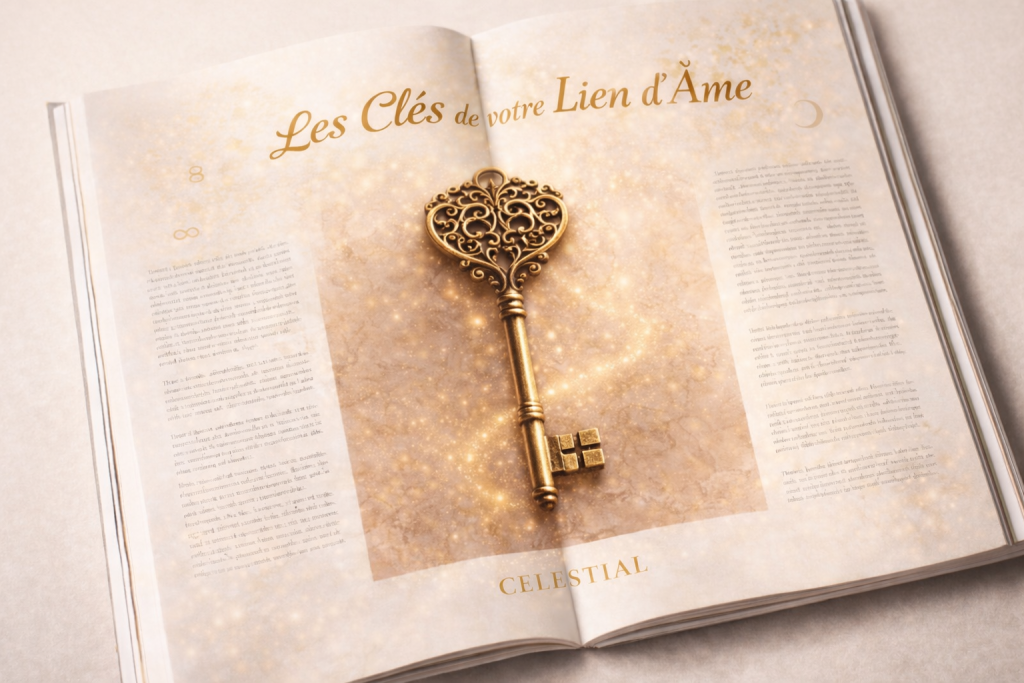 Illustration représentant les clés pour comprendre, guérir et transformer un lien d’âme, symbolisée par une clé ancienne dorée sur un livre spirituel.