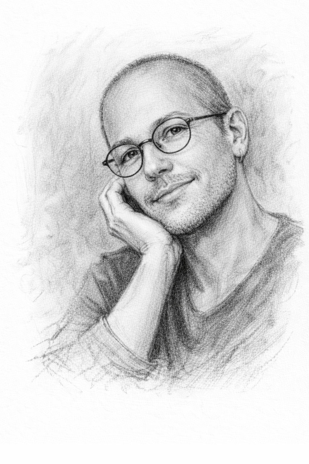 Portrait au fusain d’un homme aux cheveux très courts portant des lunettes rondes, illustrant un témoignage client dans le cadre d’un accompagnement sur le parcours de flamme jumelle, entre compréhension, alignement et évolution intérieure.