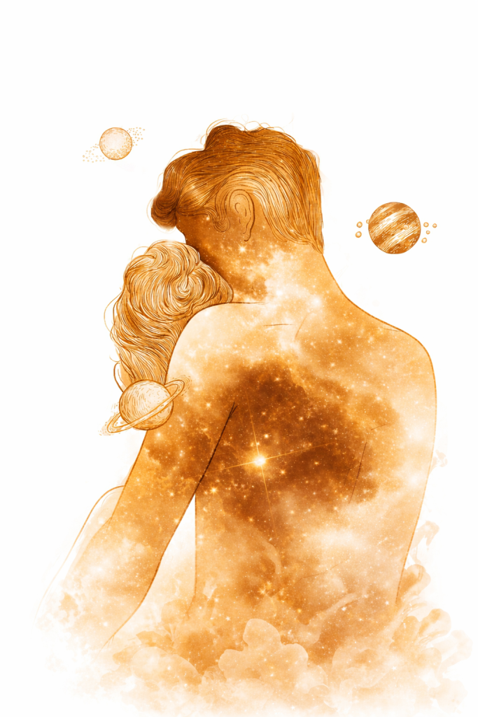 Célestial lien d’âme flamme jumelle couple double exposition aquarelle dorée connexion spirituelle