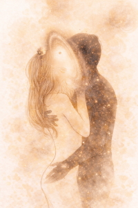 Illustration aquarelle dorée d’un couple flamme jumelle fusionnant dans une énergie cosmique symbolisant le nettoyage et la libération du lien d’âme – Célestial