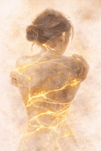 Illustration aquarelle dorée d’une femme traversée par des fissures lumineuses symbolisant la blessure et la libération du lien d’âme – Célestial