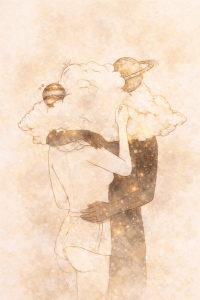 Illustration aquarelle dorée d’un couple flamme jumelle fusionnant dans une énergie cosmique symbolisant le nettoyage et la libération du lien d’âme – Célestial