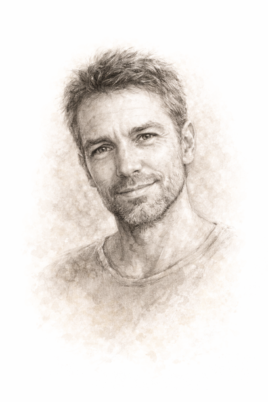 Portrait homme style fusain avec barbe légère représentant un client ayant bénéficié d’un accompagnement lien d’âme