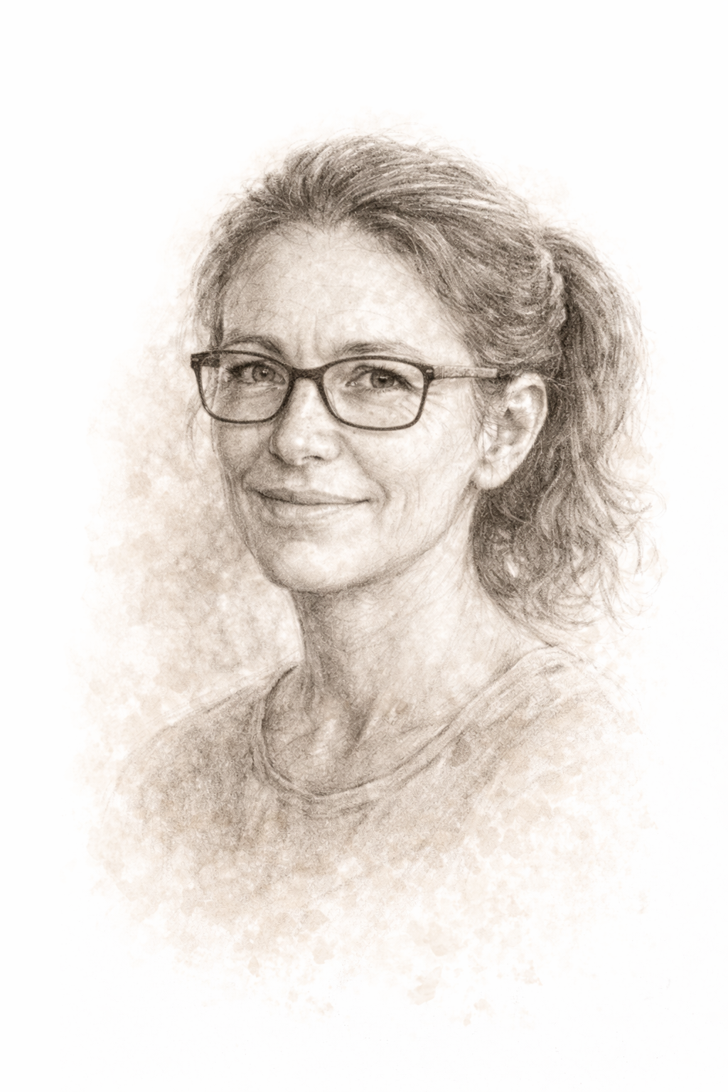 Portrait femme avec lunettes style fusain représentant une cliente ayant bénéficié d’un accompagnement lien d’âme