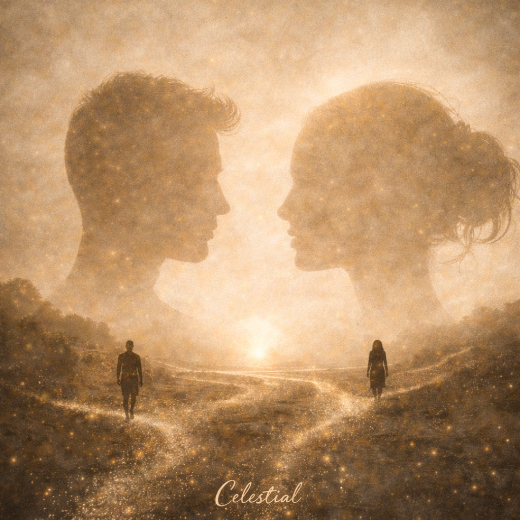Illustration spirituelle en double exposition représentant un homme et une femme reliés par un chemin lumineux, symbolisant le parcours de flamme jumelle et la reconnexion des âmes