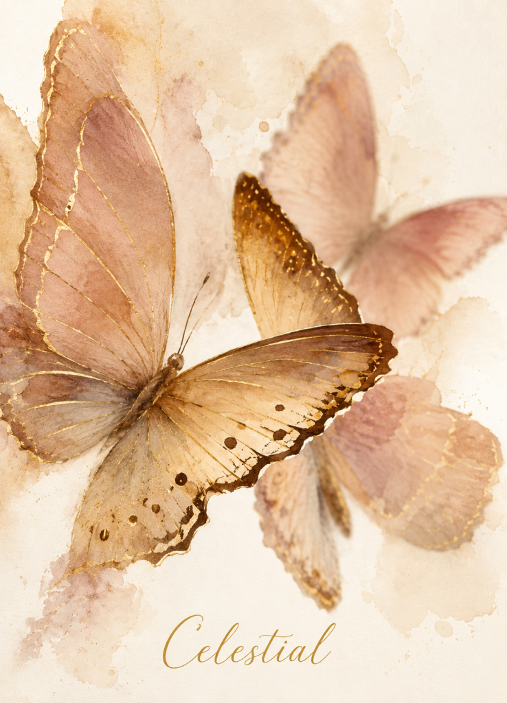Papillons aquarelle beige, blanc et doré symbolisant le discernement, le choix du bon thérapeute et l'évolution sur le chemin de guérison.