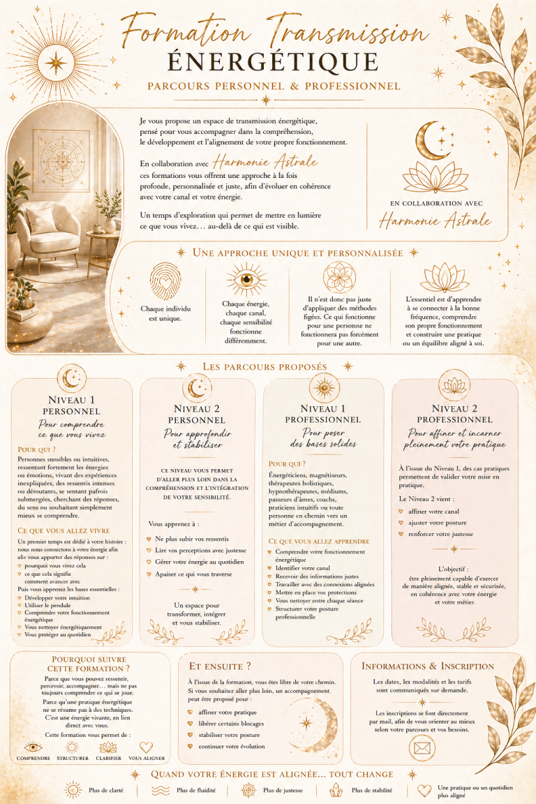 Un espace de transmission pour celles et ceux qui ressentent l’appel de comprendre leur énergie, développer leur intuition et s’aligner pleinement avec leur fonctionnement. À travers un accompagnement personnalisé, cette formation vous guide pas à pas pour mettre du sens sur ce que vous vivez, structurer vos ressentis et apprendre à travailler en cohérence avec votre propre canal. Que ce soit dans un cadre personnel ou professionnel, vous apprenez à vous connaître, vous protéger, vous nettoyer énergétiquement et utiliser vos capacités avec justesse et stabilité. Une approche douce, profonde et alignée, pour avancer avec plus de clarté, de confiance et d’ancrage.