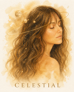 Portrait aquarelle doré d’une femme lumineuse représentant Célestial, éclaireuse de chemin d’âme, univers spirituel et énergétique