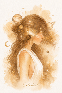 Illustration aquarelle dorée d’une femme spirituelle entourée d’éléments célestes représentant Célestial, éclaireuse de chemin d’âme