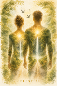 Silhouettes d’un homme et d’une femme sur un chemin symbolisant le parcours d’incarnation et le chemin de vie de l’âme