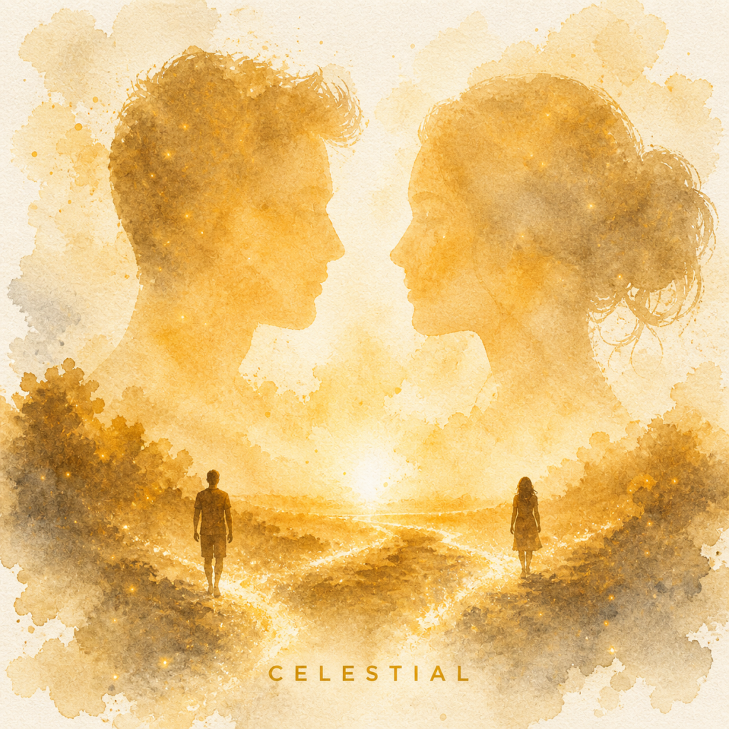 Illustration spirituelle en double exposition représentant un homme et une femme reliés par un chemin lumineux, symbolisant le parcours de flamme jumelle et la reconnexion des âmes