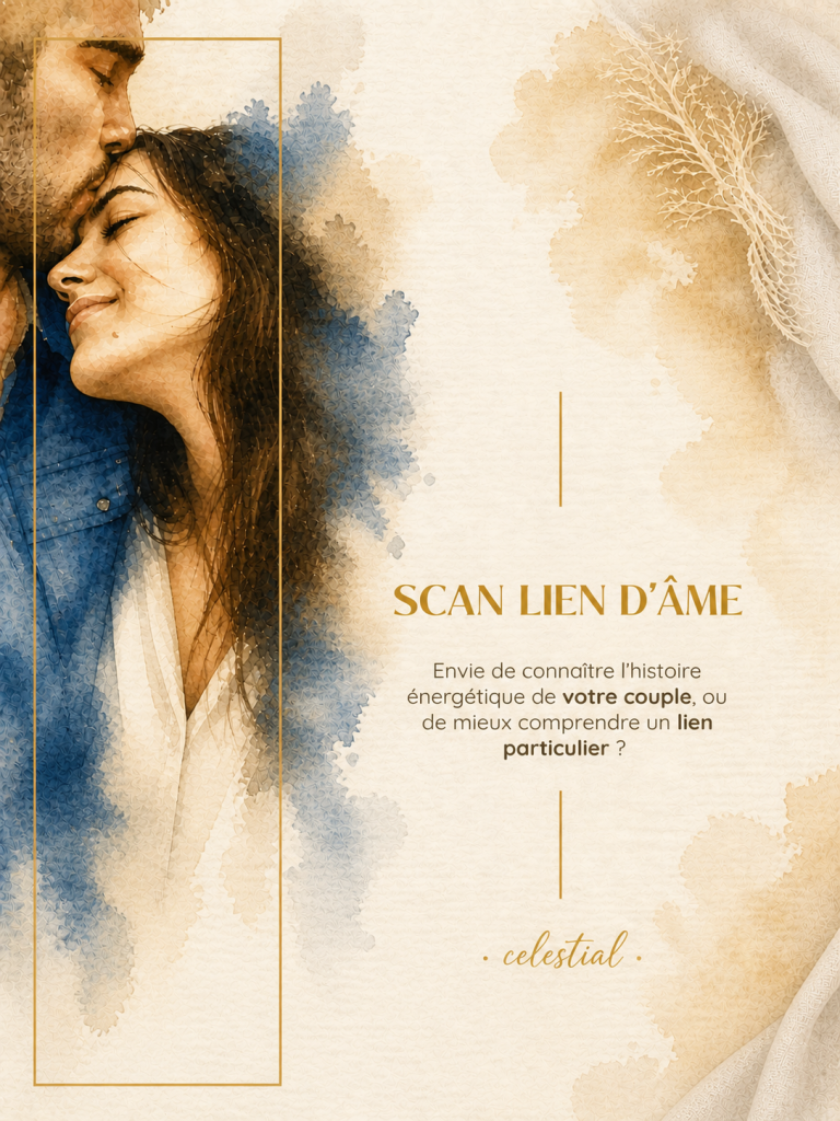 Illustration spirituelle représentant un lien d’âme entre deux êtres, symbolisant une relation flamme jumelle, âme sœur et le chemin d’âme.