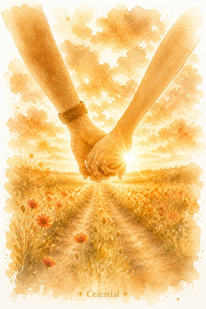 Deux mains qui s’unissent au cœur d’un champ doré au coucher du soleil, symbole de l’union sacrée, de la guidance et du soutien mutuel sur le parcours d’âme. Ce visuel incarne la force douce de l’accompagnement et la beauté du lien, même au milieu des épreuves.