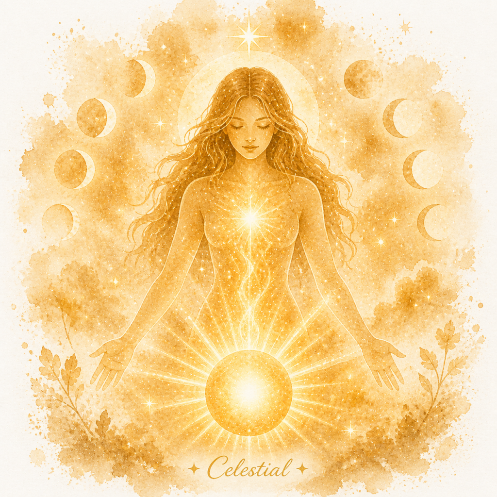“Femme lumineuse, entourée de flux dorés et d’ondes vibratoires, symbolisant la transmutation énergétique et la magie de la polarité féminine.”