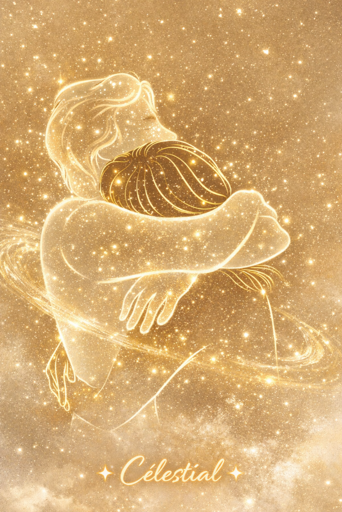 Illustration artistique représentant l’union du féminin sacré et du masculin sacré dans un lien d’âme. Cette image symbolise l’amour conscient, la guérison intérieure, l’équilibre des polarités et le chemin d’âme, dans une énergie céleste aux tons dorés, beiges et blancs. Création Célestial – Éclaireuse de chemin d’âme.