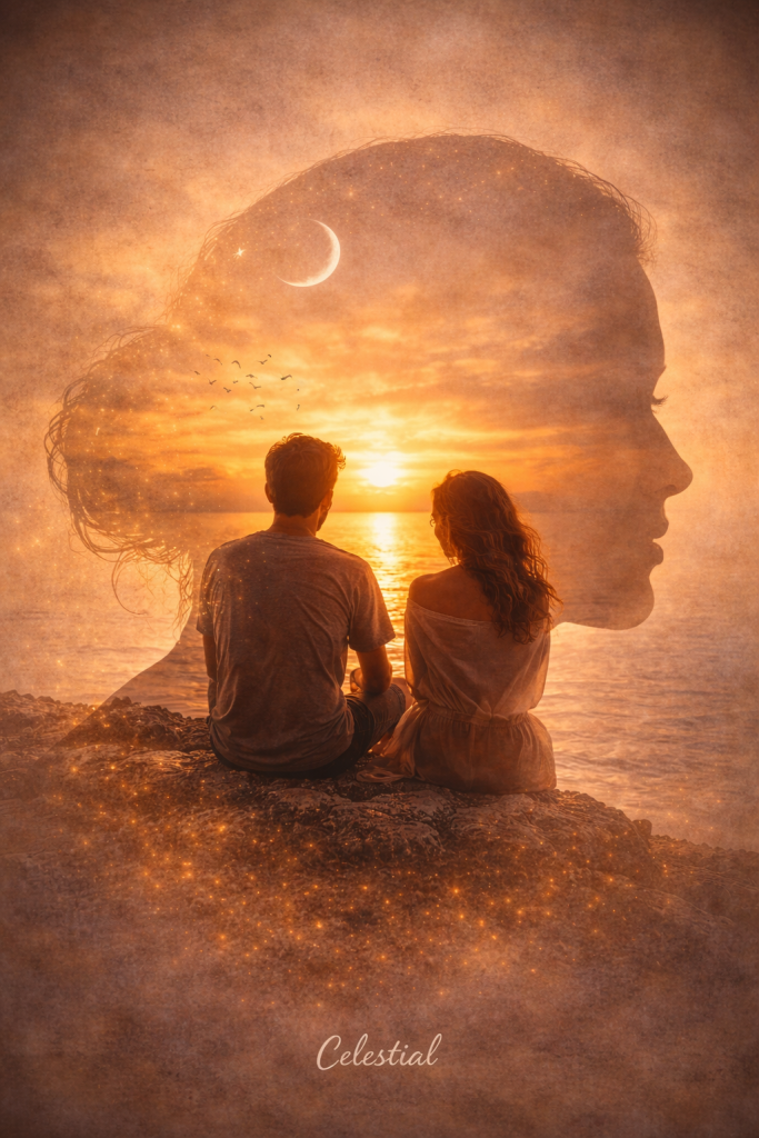 Illustration spirituelle en double exposition représentant l’instant présent entre connexion réelle et distraction digitale, dans un univers doré et apaisant