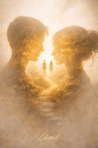 silhouettes homme et femme sur un chemin lumineux représentant la rencontre d’un lien d’âme authentique
