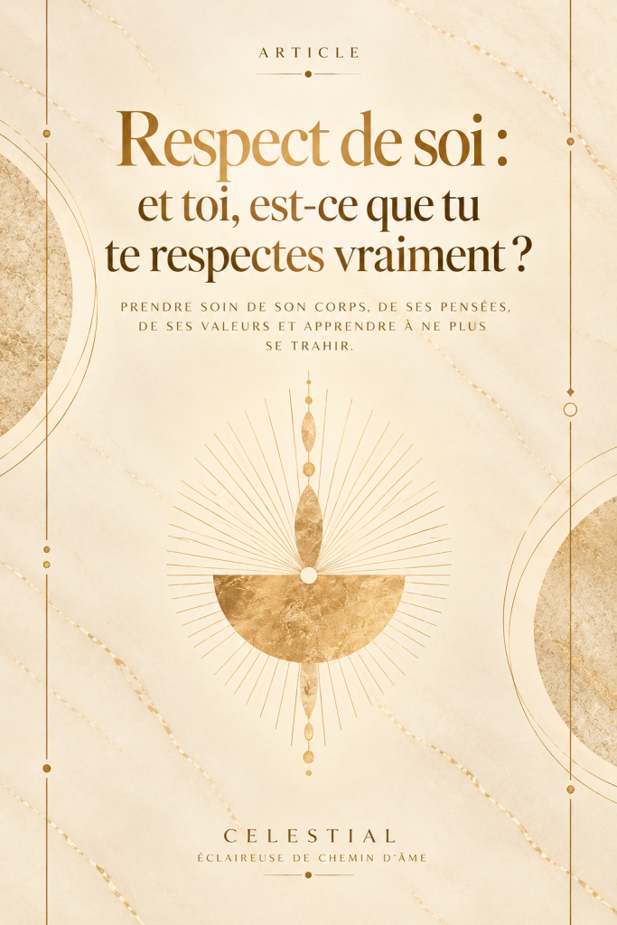 Illustration dorée Célestial sur le respect de soi, avec un symbole solaire géométrique sur fond crème et le titre de l'article.