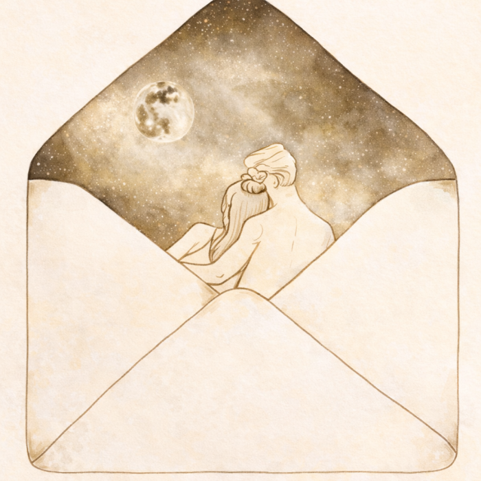 Illustration aquarelle dorée représentant deux âmes reliées dans une enveloppe céleste, symbole de message d’âme et de connexion spirituelle