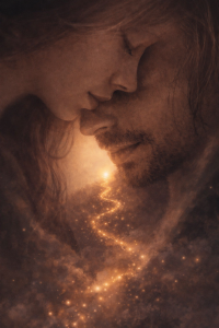 Illustration intime représentant la mission ou le contrat d’âme d’un couple, avec une lumière dorée symbolisant leur lien spirituel et leur évolution commune.
